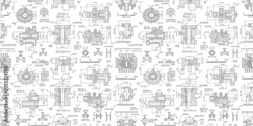 Bild auf Leinwand Technical mechanical engineering blueprint pattern featuring complex gear assemb