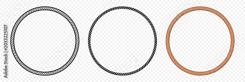 Rope Circle Frame Set, Vector Illustration. Round Rope Frame Collection and Nautical Rope Frame Border in Black and Brown. Isolated Decorative Rope Frame for Logos, Labels, Marine Badges