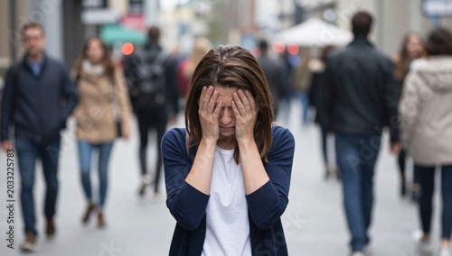 Worried young woman standing on a busy urban sidewalk covers her face with her hands