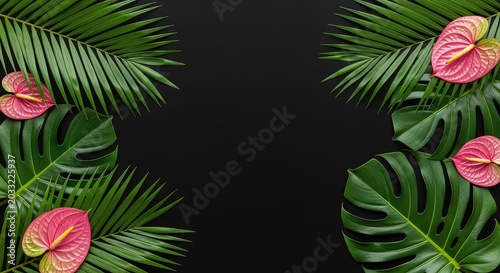 Lush green palm fronds and monstera leaves with bright pink exotic flowers create a natural border against a solid deep black background, abstract, backdrop, monstera