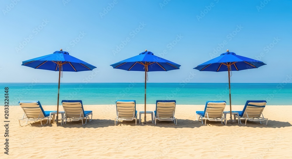 Fototapeta premium Serene tropical beach scene featuring blue parasols and white reclining sunbeds arranged on golden sand under a clear sunny sky by the sea, tropical, lifestyle, horizon