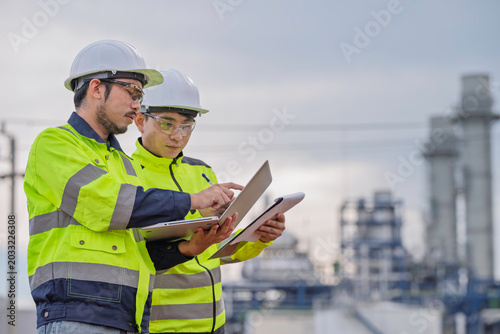 Two industrial engineers using a laptop for site inspection and planning at a modern power plant facility. Professional technicians discussing project operations and factory maintenance.