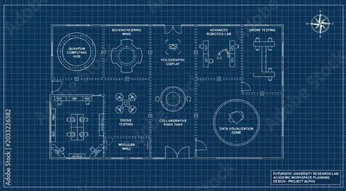 Obraz na płótnie Futuristic laboratory blueprint floor plan with robotics and drone research area