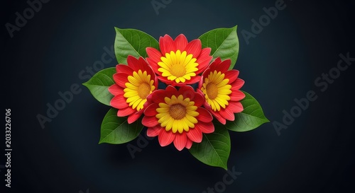 Vibrant red and yellow blossoms stand out against a deep dark background, complemented by lush green leaves for a dramatic floral display, background, elegant, moody