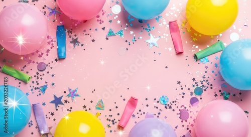 Vibrant pastel-colored balloons and holographic confetti scattered over a soft pink surface with shimmering glitter and glowing sparkles, yellow, luxury, bright