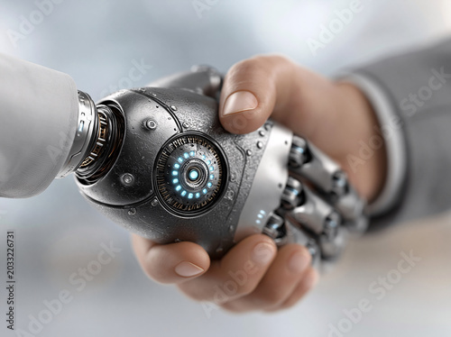 A human hand shakes a futuristic robotic hand with glowing blue accents, symbolizing collaboration between humanity and technology.