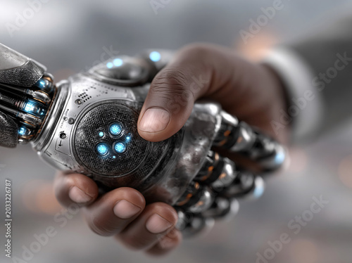 A human hand shakes a futuristic robotic hand with glowing blue accents, symbolizing collaboration between humanity and technology.