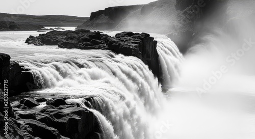 A powerful waterfall cascades over rugged rocks in dramatic black and white, capturing the raw energy and ethereal mist of a wild landscape, cliffs, rushing, beauty