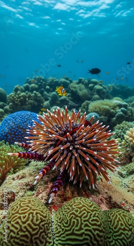 Spiny marine creature rests amidst vibrant coral reef, small fish swim in distance