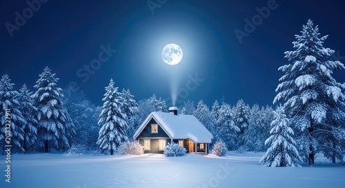 A serene winter village at night under a glowing full moon with snow-covered cottages, pine trees, and warm light shining from windows, stars, woodland, silence