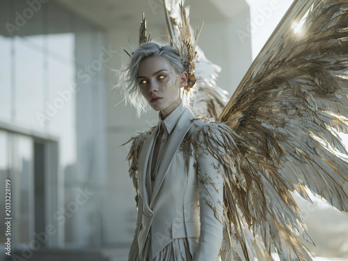 An ethereal winged figure in a tailored white suit stands against a modern building, with golden wings and skin details glowing softly.