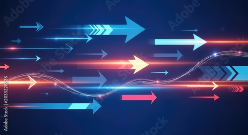 A vibrant abstract composition featuring various geometric arrows flowing across a modern digital canvas with glowing light and neon motion, pointer, concept, art