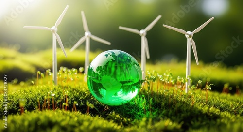 A translucent green globe rests on soft moss surrounded by fresh plant sprouts and miniature wind turbines under bright natural sunlight, energy, balance, nature