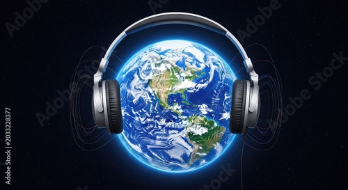 A vibrant planet Earth floating in space wearing professional over-ear headphones, symbolizing global harmony and the power of world music, vibrant, art, equipment