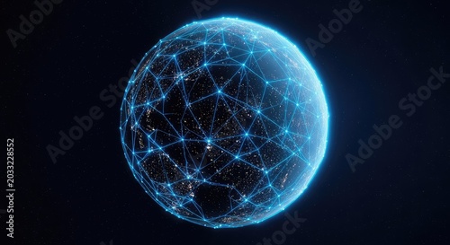 A view of the dark planet from deep space featuring vibrant blue glowing network lines and nodes representing global digital connectivity, planet, futuristic, technology