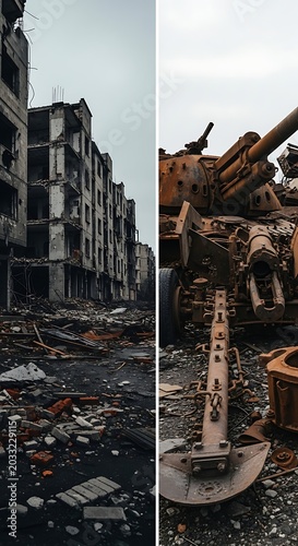 Split diptych destruction of urban buildings juxtaposed with ruined military vehicle