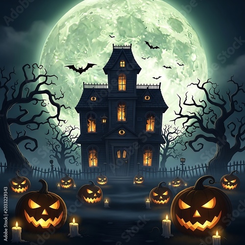 Spooky haunted mansion under a glowing moon with carved pumpkins