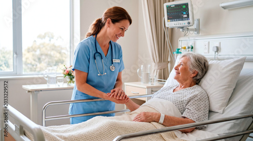 Caring nurse holding hands with elderly patient in hospital room