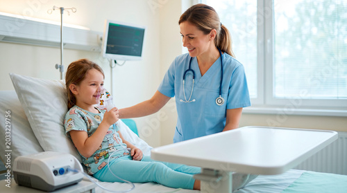Nurse assisting a young girl with a nebulizer treatment in a hospital room
