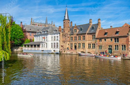 Bruges, Belgium - April 26 2026: Morning view of canals and historic houses