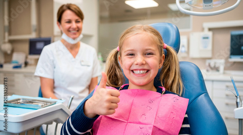 Happy young girl gives thumbs up after successful dental checkup with dentist