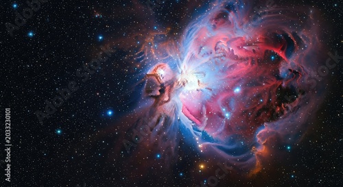 Vibrant cosmic nebula with swirling pink, blue, and orange gas clouds against a backdrop of distant twinkling stars and deep space dust, cyan, vibrant, cosmic