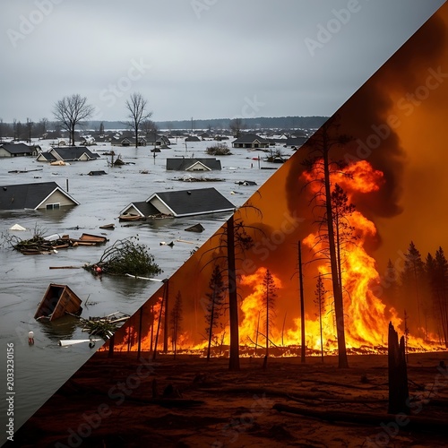 Split image flooded homes juxtaposed with raging wildfire in forest