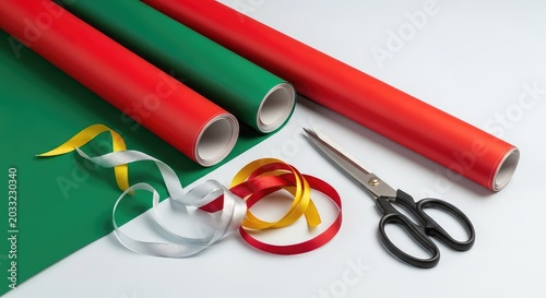 Vibrant rolls of emerald green and bright red wrapping paper lie on a surface with elegant silver scissors and silky decorative ribbons, emerald, emerald green, textures