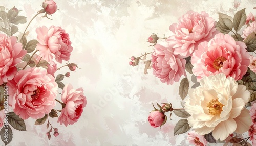 ピンクとクリームの花々が彩る高級感ヴィンテージフローラル背景Luxury Vintage Floral Background with Pink and Cream Blossoms	