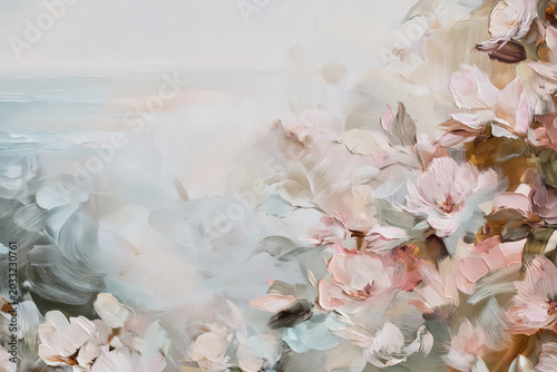 Impressionist floral painting with soft pastel flowers blooming by a serene ocean, creating an abstract fine art scene