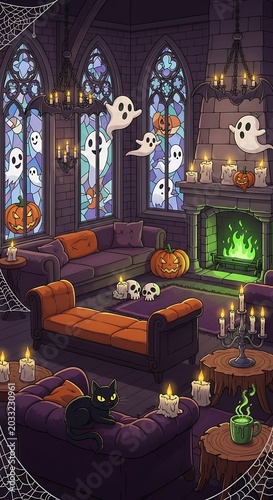 Spooky living room with pumpkins, ghosts, black cat, and gothic windows