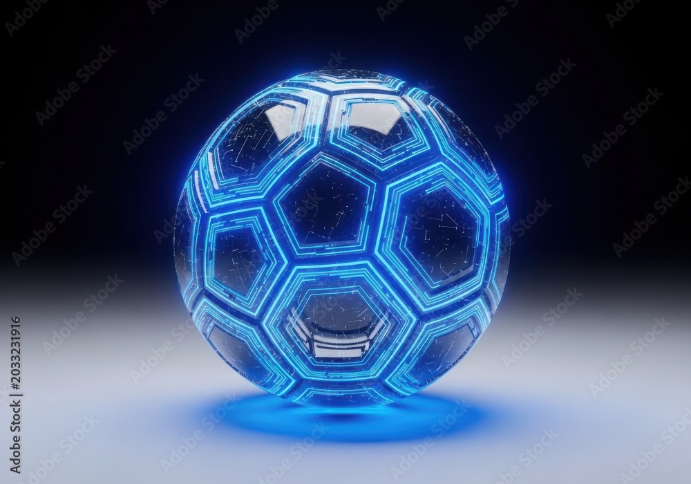 Naklejka premium Glowing blue soccer ball with hexagonal circuit patterns on a dark gradient background