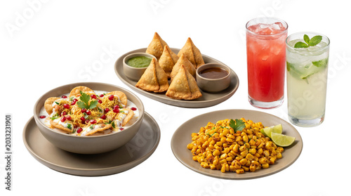 Traditional Indian street food snacks, crispy vegetable samosas with chutney, spicy corn chaat and dahi vada, refreshing fruit mocktails isolated PNG with Transparent Background
