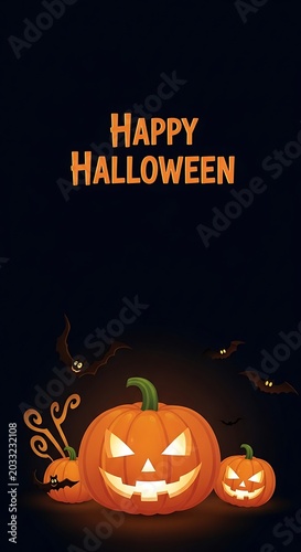 Spooky pumpkins glow on dark Halloween night with bats flying around