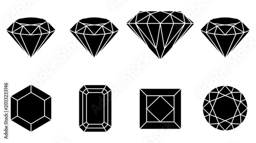 Foto Set of black diamond icons featuring various geometric cuts and shapes for luxur