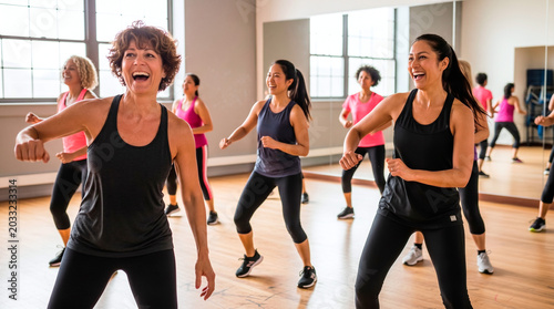 Diverse group of women enjoying a lively dance fitness class together