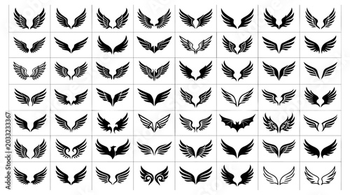 Collection of diverse stylized bird wing silhouettes presented as a professional vector illustration set for creative branding and graphic design
