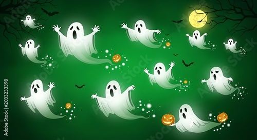 Spooky spectral figures haunt a dark, moonlit Halloween night