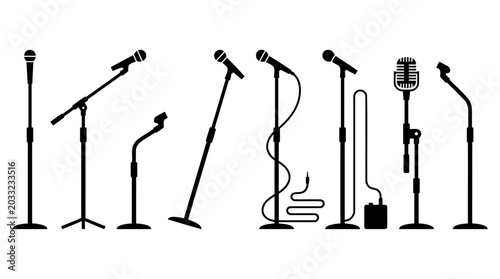 Billede på lærred Professional collection of various microphone stands and audio equipment silhoue