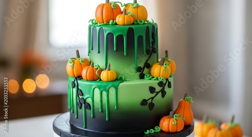 Spooky two-tier cake with green ombre, black drips, and fondant pumpkins
