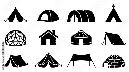Obraz na płótnie Collection of diverse camping tents and temporary shelters displayed as a set of