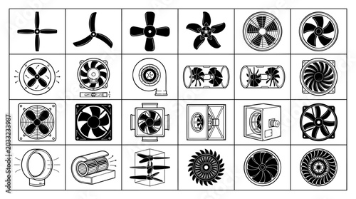 Quadro em tela Collection of diverse industrial and residential ventilation fan icons featuring