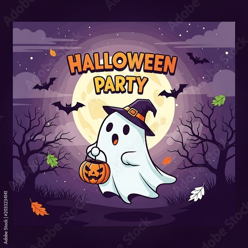 Spooky cartoon ghost in witch hat holds pumpkin for Halloween party under full moon