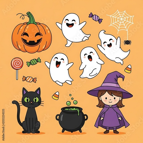 Spooky cartoon Halloween characters ghosts, witch, black cat, pumpkin, cauldron, spider, candy