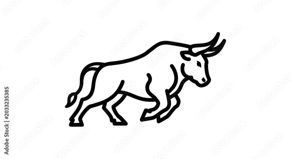 Fototapeta premium Minimalist Line Art Bull Charging Forward, Powerful Animal Silhouette, Strength Symbol