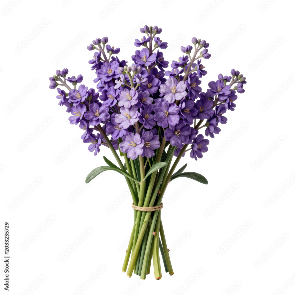 Obraz premium Elegant bouquet of purple stock flowers tied with natural twine against a white background