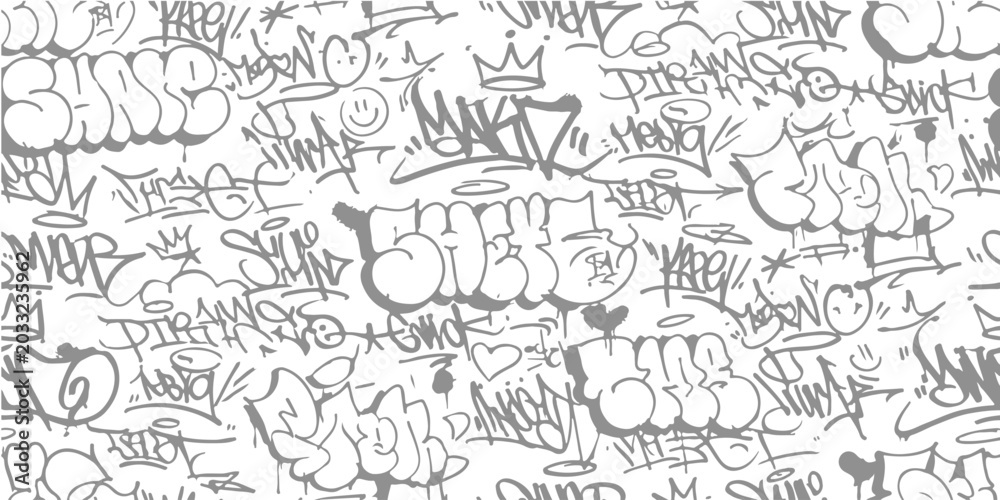Fototapeta premium Black and white street art graffiti pattern with various tags and bubble letters