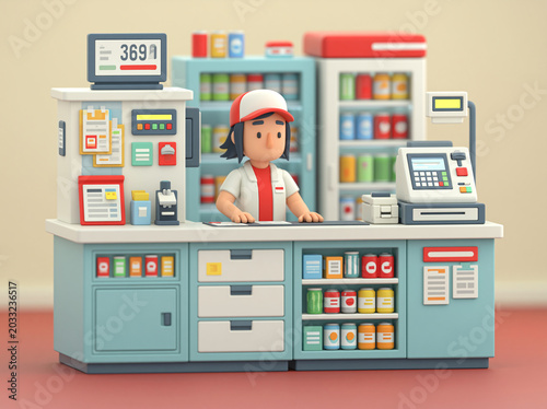A 3D cartoon-style convenience store checkout counter displays registers, fridges, and colorful canned goods.