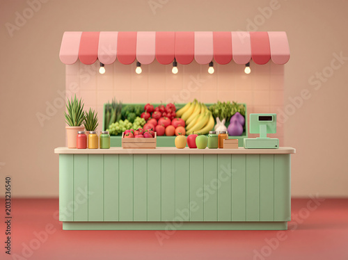 A 3D cartoon-style convenience store checkout counter displays registers, fridges, and colorful canned goods.