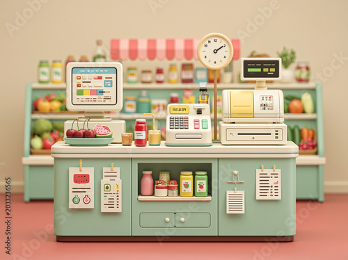A 3D cartoon-style convenience store checkout counter displays registers, fridges, and colorful canned goods.